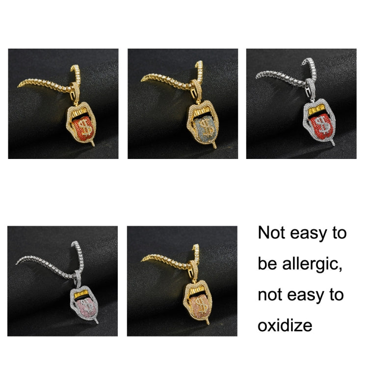 Small rhinestone lips tongue pendant necklaces on clasp, mix of gold and silver styles.