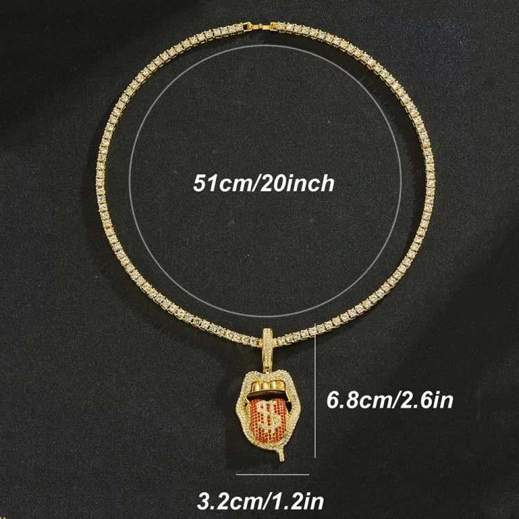 Gold rhinestone choker necklace with dangling lips tongue pendant, single-row chain.