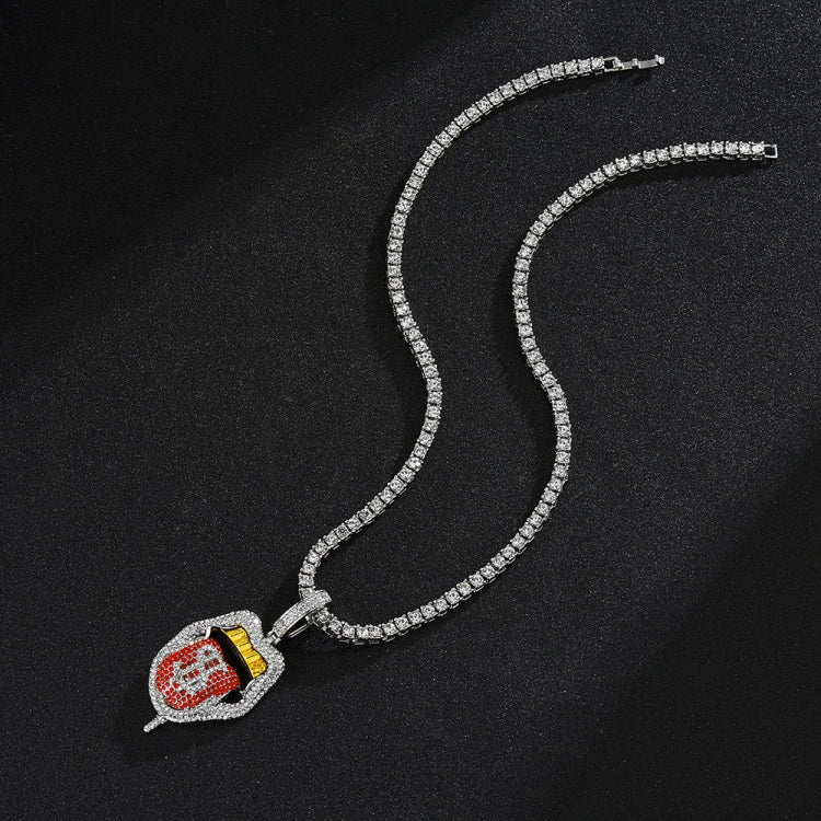Silver rhinestone choker necklace with small lips tongue pendant, single-row chain.
