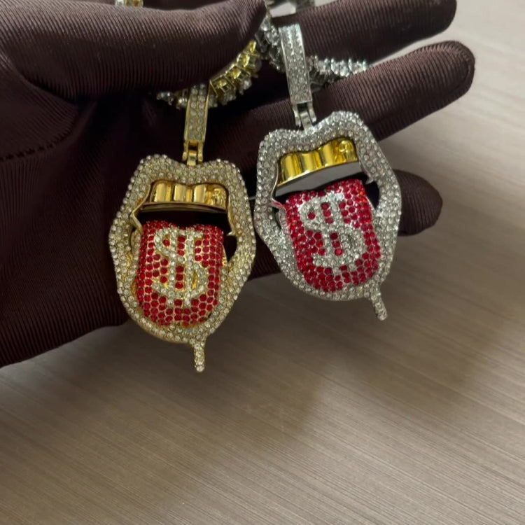 Pair of rhinestone lips tongue pendant necklaces, gold and silver with red enamel.