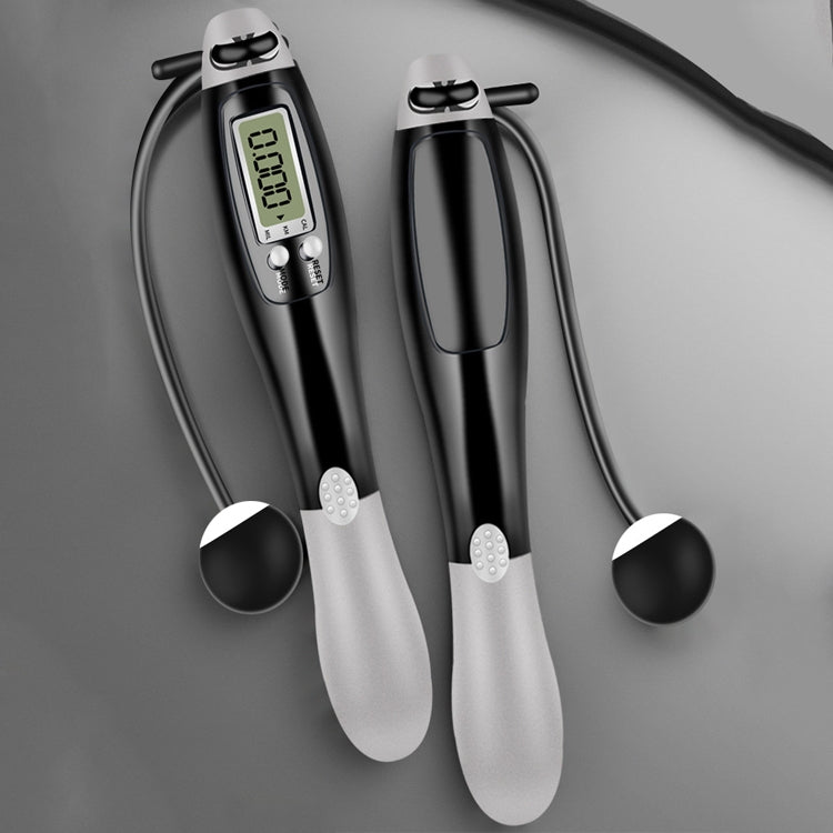Electronic counting cordless skipping rope set, black handles with gray grips and LCD display