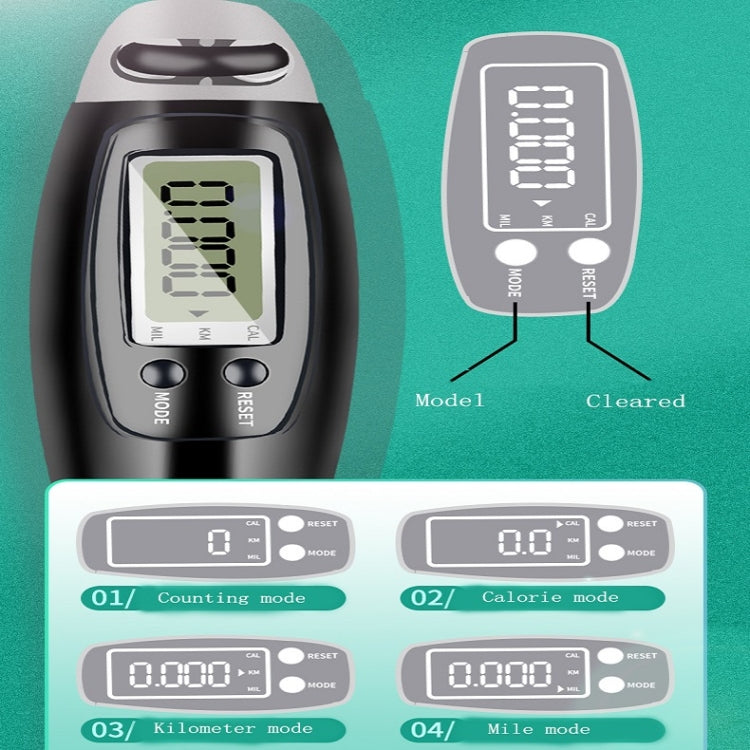 Electronic counting jump rope with LCD showing counting and calorie modes, buttons below