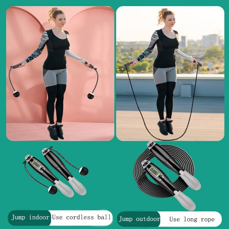 Electronic counting jump rope set with handles and cords for indoor or outdoor use