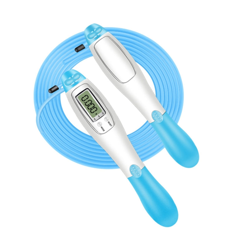 Electronic counting skipping rope with wire, white and blue handles and coiled blue rope