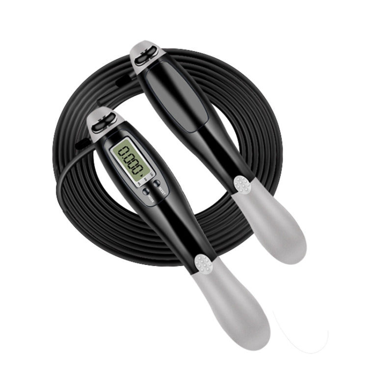 Electronic counting skipping rope with wire, black handles with LCD display and black coiled rope