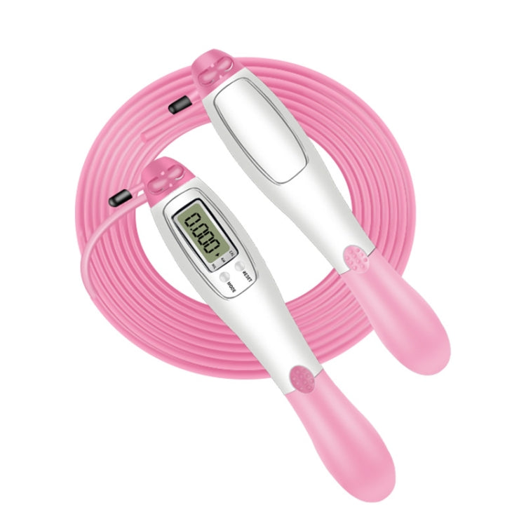 Electronic counting skipping rope with wire, pink handles with LCD display and pink coiled rope