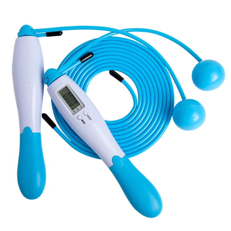 Electronic counting skipping rope with ball ends, white and blue handles with LCD counter