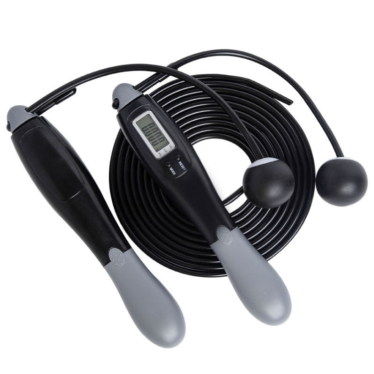 Electronic counting skipping rope with wire, black handles, LCD display, and black coiled rope