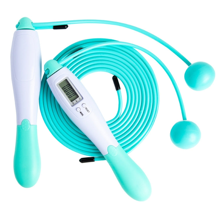 Electronic counting skipping rope with ball ends, white and teal handles with LCD counter