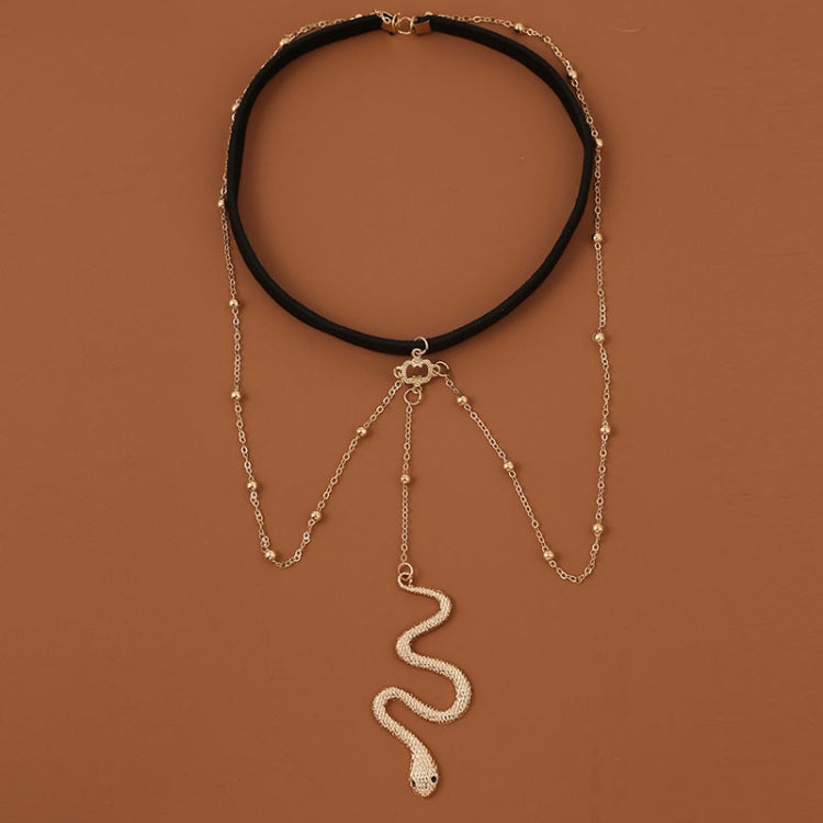 Snake long anklet body chain with elastic black band and silver-tone dangling links