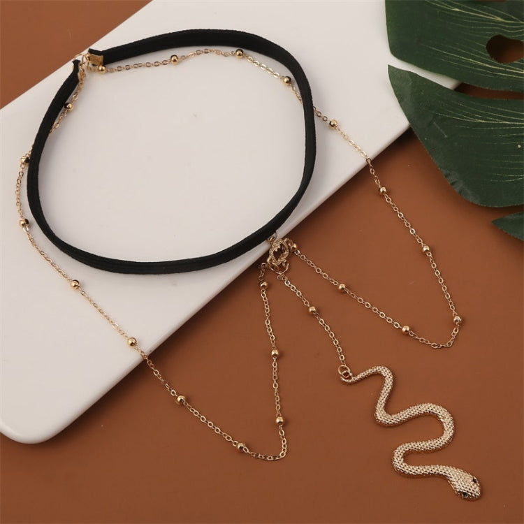 Snake long anklet body chain with elastic black band and silver-tone snake drop