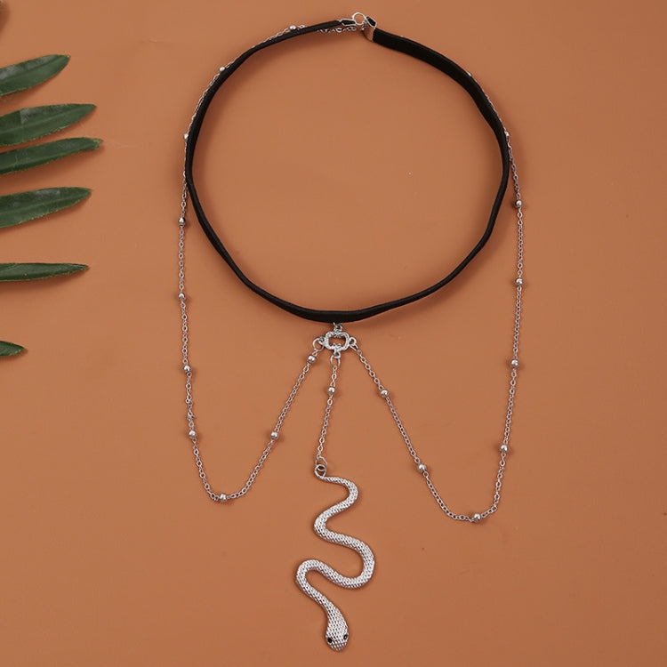 Snake long anklet body chain featuring elastic black band and silver-tone snake pendant