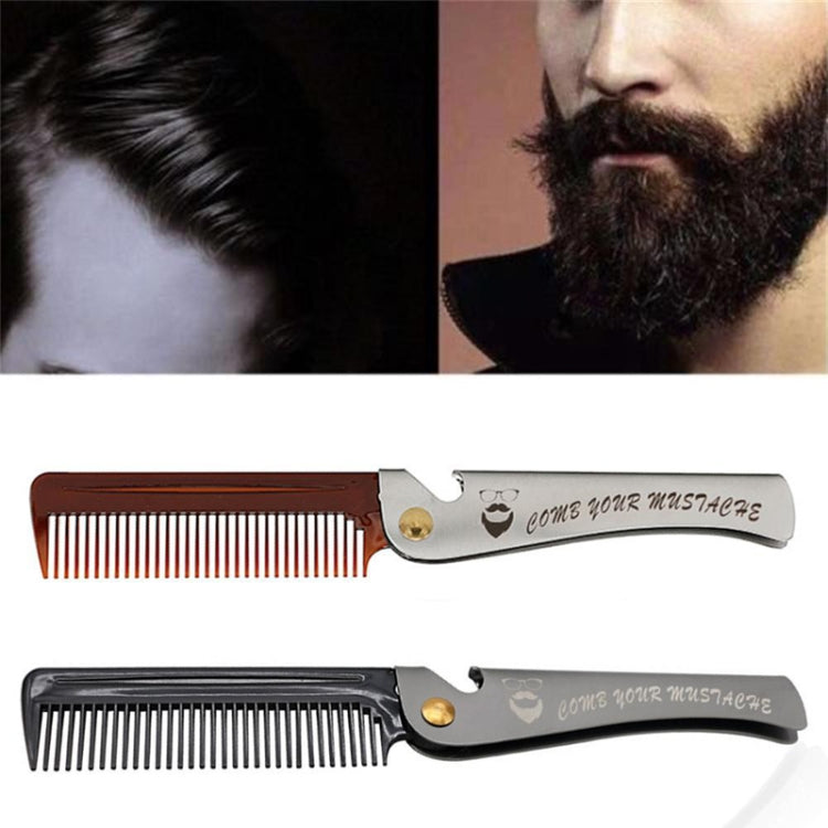 Folding beard styling combs with brown and black handles, fine comb teeth