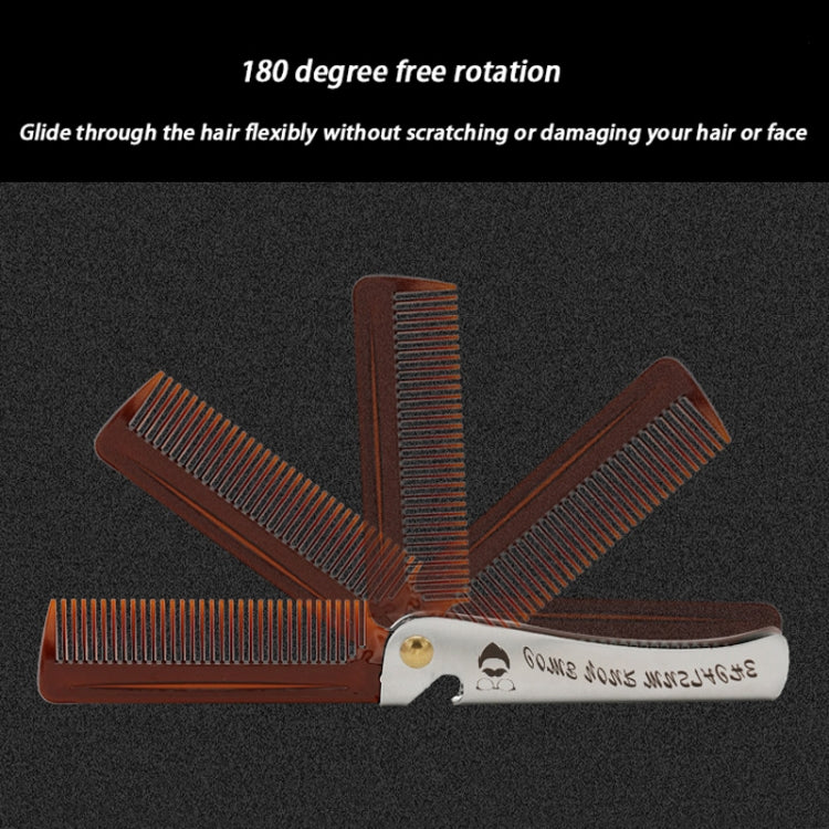 Folding beard styling comb with brown handle and metal blade, extended with teeth