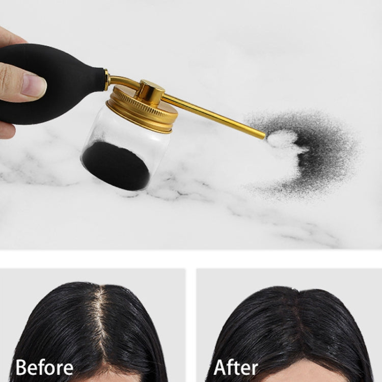 Hair fiber spray applicator dispensing powder with gold pump and black silicone bulb