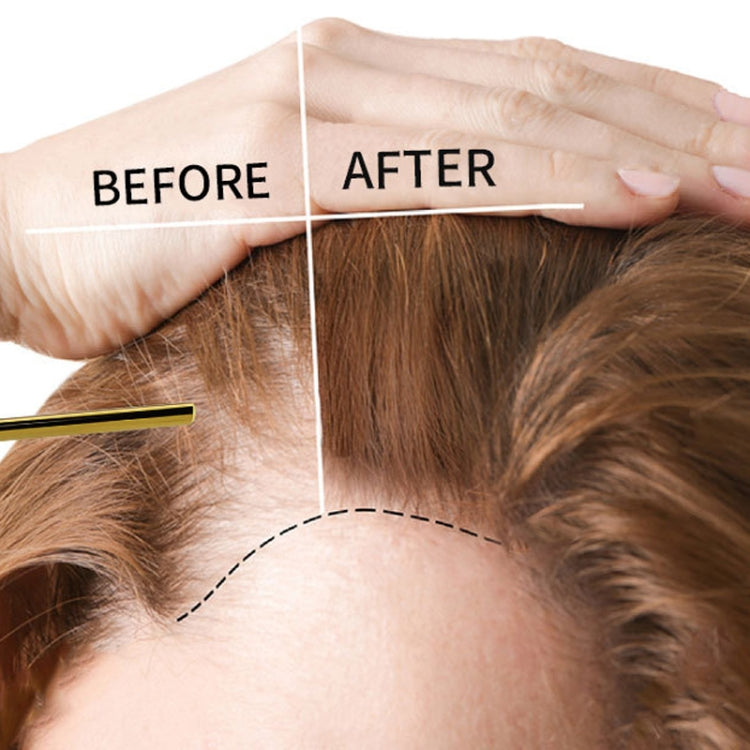Hair fiber spray nozzle and hand applying to scalp, gold pump with black silicone bulb