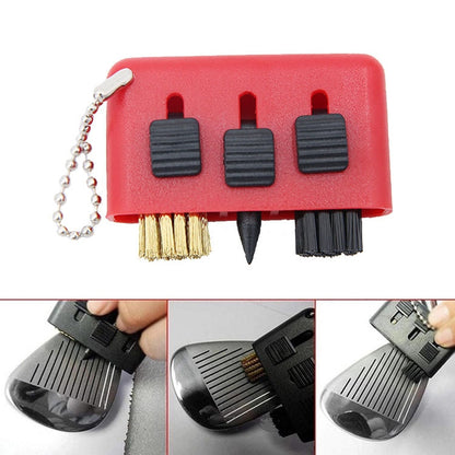 Red 3-piece golf club cleaning brush set with retractable bristles and spikes
