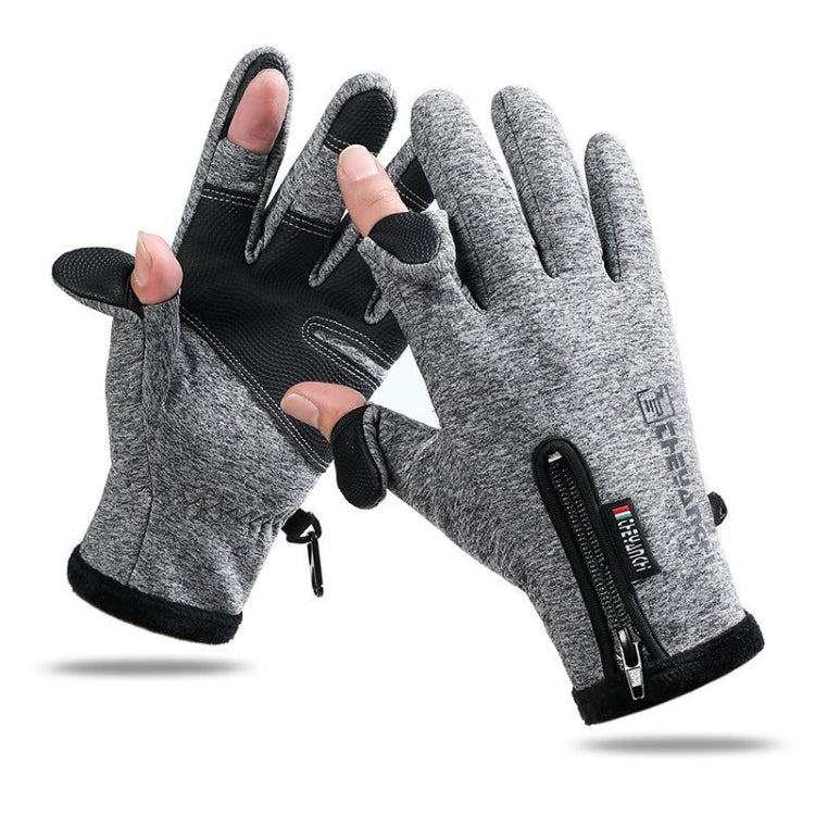 Grey fingerless riding gloves with touchscreen fingertips and zipped wrist pocket