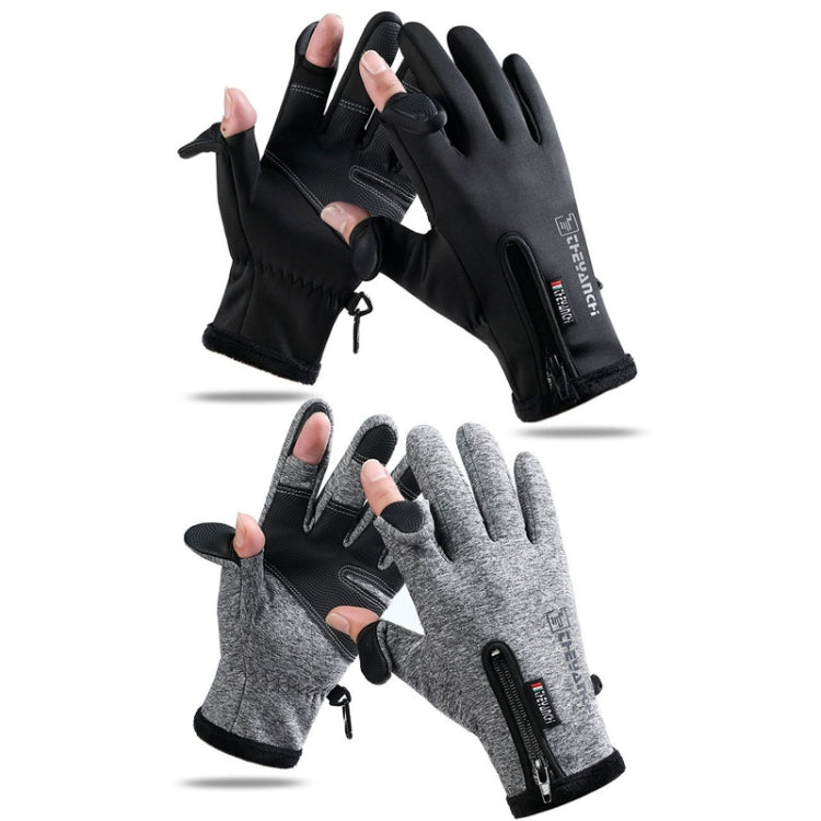 Pair of black and grey fingerless riding gloves with touchscreen fingertips