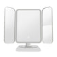 Three-sided folding LED makeup mirror lamp with size measurements on front view