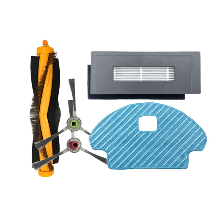 Robot vacuum accessory set with main brush, HEPA filter, and blue striped cloth pads