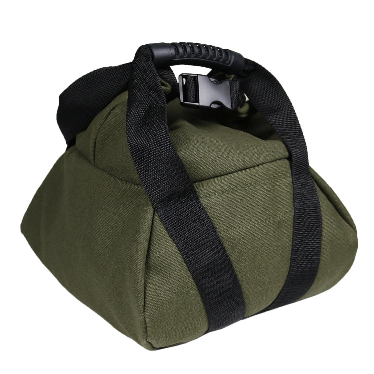 Olive canvas weight sandbag with black webbing strap and plastic buckle handle
