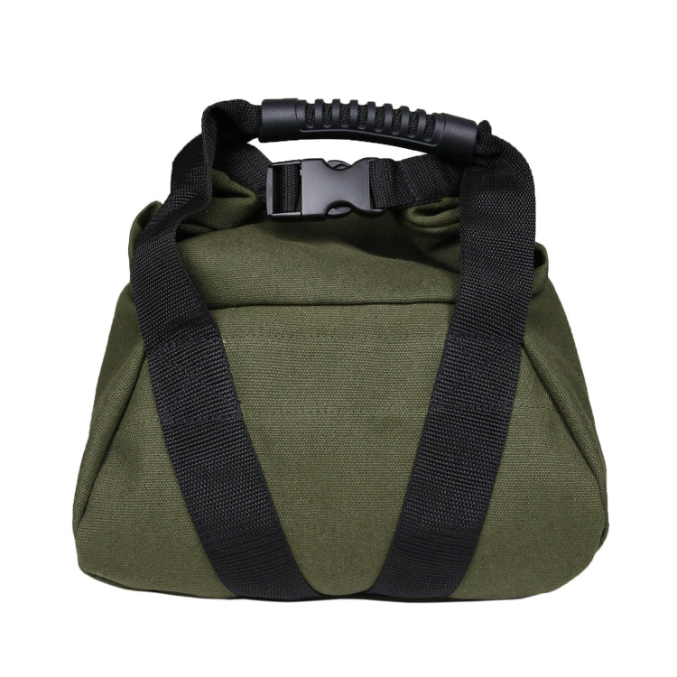 Olive canvas weight sandbag with black webbing straps and arched carrying handle