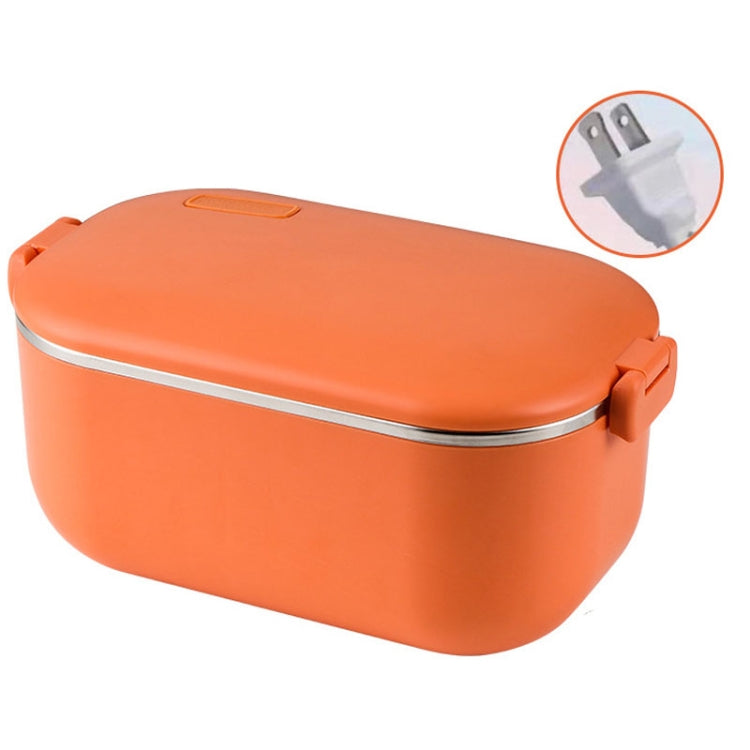 Orange heated lunch box with stainless steel rim and power plug detail