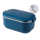 Blue heated lunch box with stainless steel rim and power plug detail