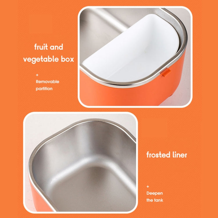 Orange electric lunch box with removable fruit and vegetable divider and frosted liner