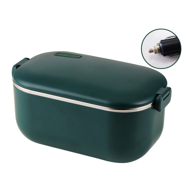 Green heated lunch box with stainless steel rim and car plug connection