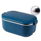 Blue heated lunch box with stainless steel rim and car plug connection