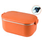 Orange heated lunch box with stainless steel rim and EU-style plug detail