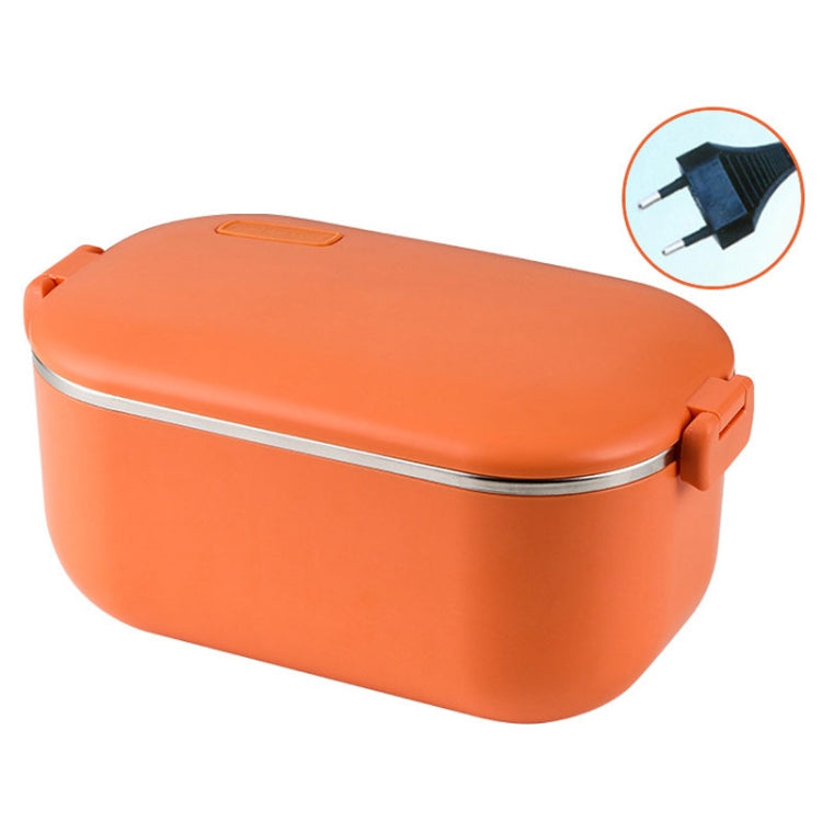 Orange heated lunch box with stainless steel rim and EU-style plug detail