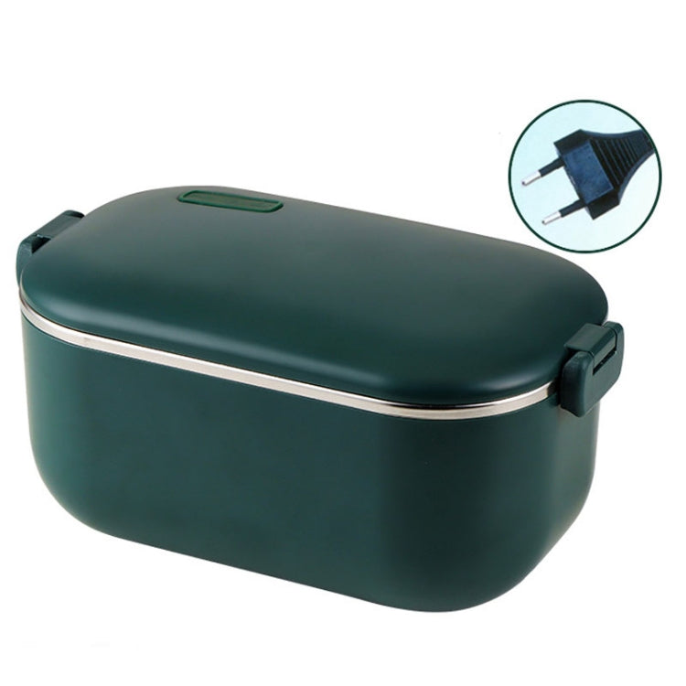 Green heated lunch box with stainless steel rim and EU-style plug detail