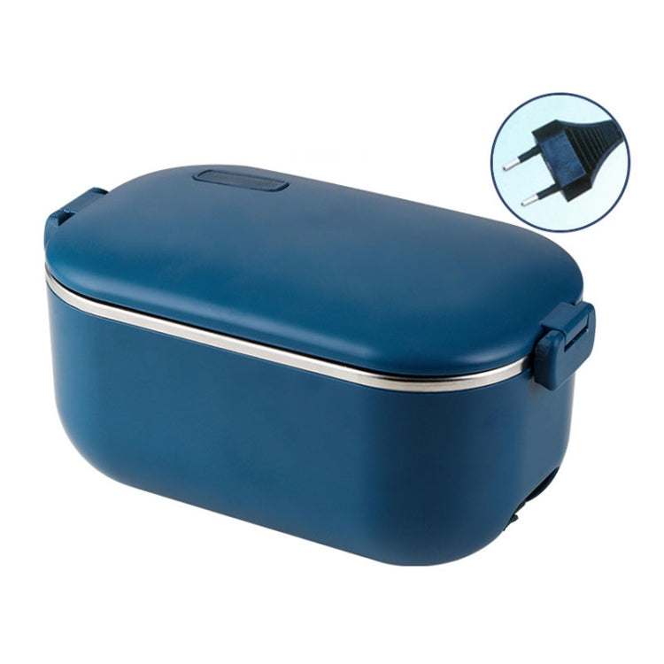 Blue heated lunch box with stainless steel rim and EU-style plug detail