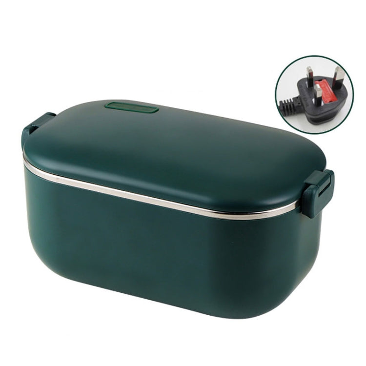 Electric heating lunch box, dark green, hinged lid with carry handle and latch