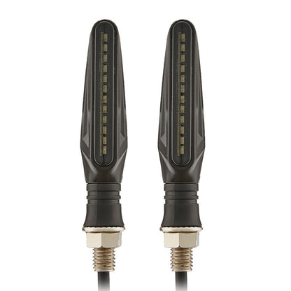 Pair of black motorcycle LED signal lamps with amber vertical LED strips