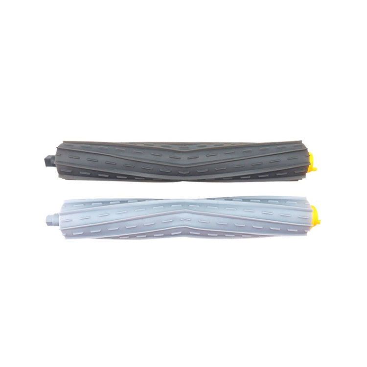Two main roller brushes for robotic vacuum, dark gray and light gray with yellow bristles