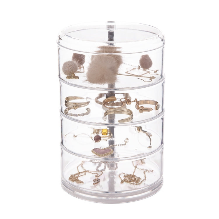 Clear acrylic rotating jewelry organizer with four stacked circular tiers
