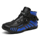 Motorcycle riding short boot, black and blue with side straps and buckle