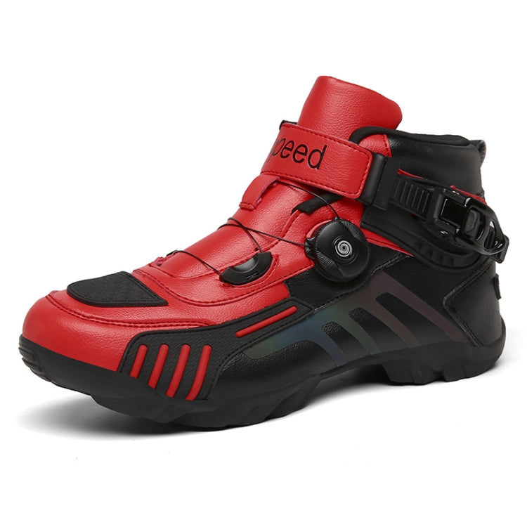Motorcycle riding short boot, red and black with side straps and buckle