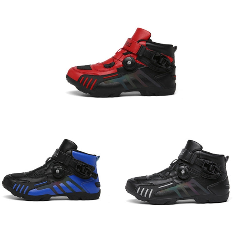 Motorcycle riding short boots set in red and black/blue, multiple angles