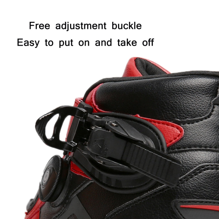 Motorcycle boot buckle strap and red collar lining detail