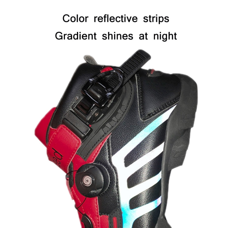 Motorcycle boot with reflective strips and bold side color accents