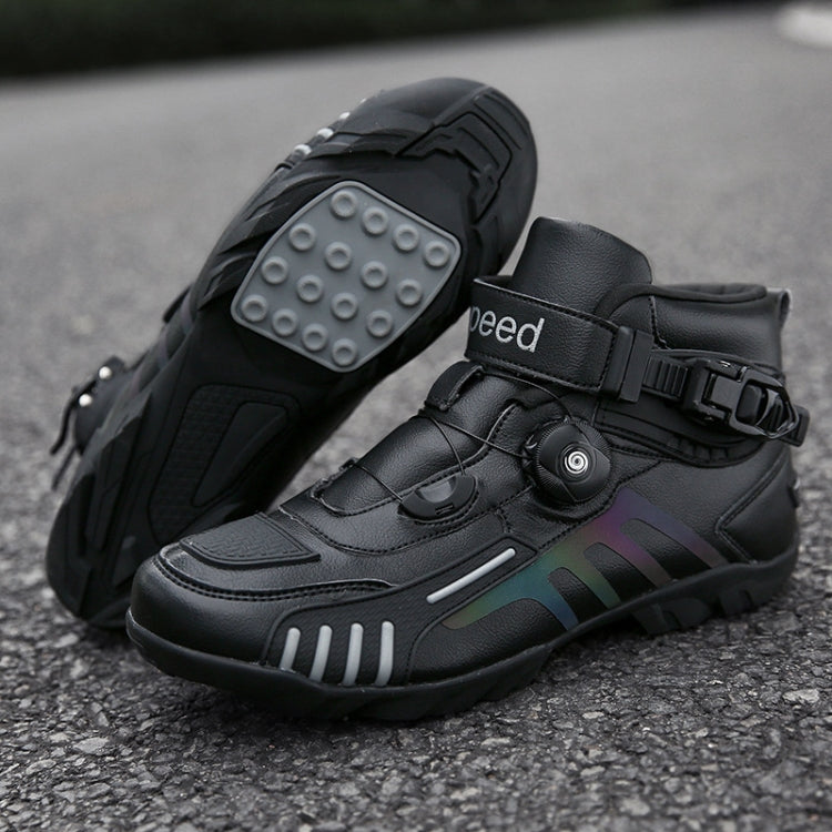 Motorcycle riding short boot, black with blue accents and treaded sole