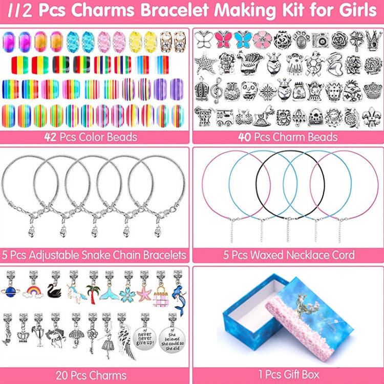 112-piece charm bracelet making kit: color beads, charm beads, cords, and gift box