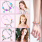 Children’s charm bracelet set on wrist and kids’ hands, featuring colorful beads and charms