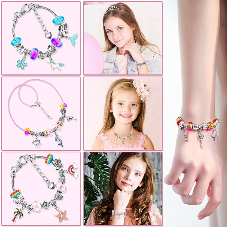 Children’s charm bracelet set on wrist and kids’ hands, featuring colorful beads and charms