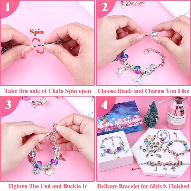 Charm bracelet making kit steps: open chain, choose charms, add beads, clasp bracelet